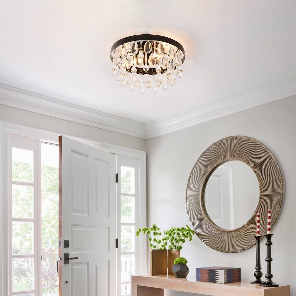 12" 2-Light Modern Chrome/Black Crystal Flush Mount Ceiling Light - Minimalist Crystal Drop Fixture for Bedroom