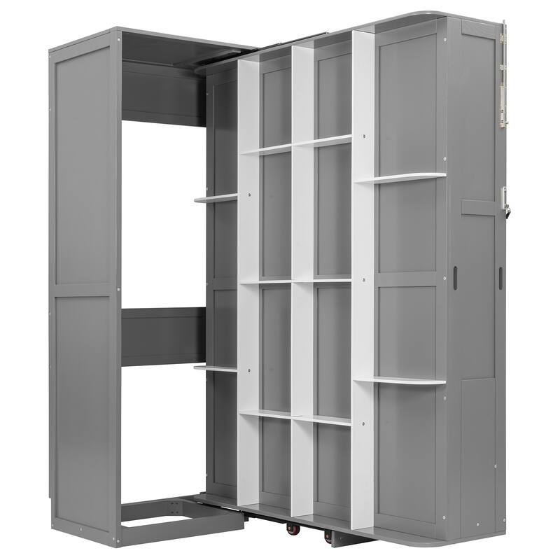 360° Rotating Queen Murphy Bed Cabinet with 14-Shelf Hidden Bookcase by Harper&Bright Designs