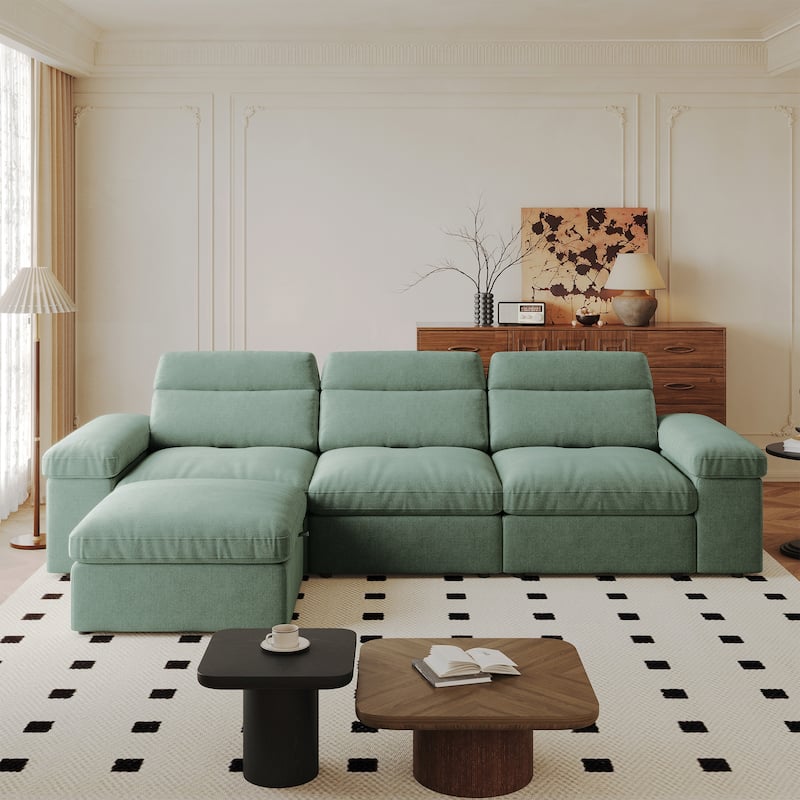 Down Filling Upholstered L-shaped Sectional Sofa with Storage Ottoman and Armrests, Chaise Modular Couch with Adjusted Backrest