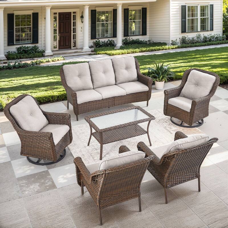 Pocassy Wicker Patio Conversation Set for Backyard - Beige Cushion - 6PCS Sofa with Patio Chair Table