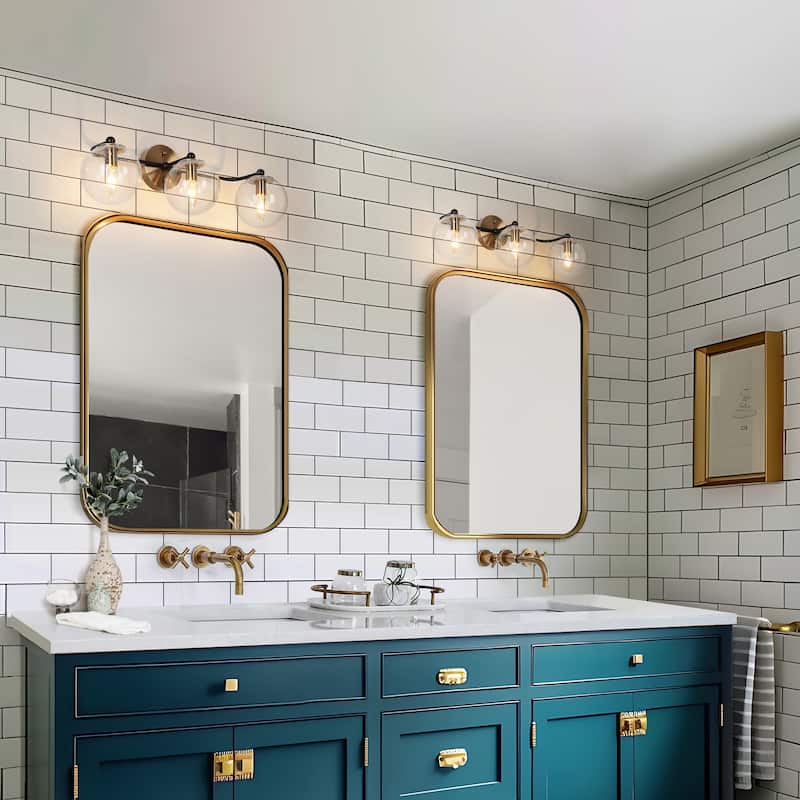Mid-Century Modern 3-Light Black Gold Bathroom Vanity Light Globe Glass Wall Sconces - 24.5" L x 7.5" W x 8" H