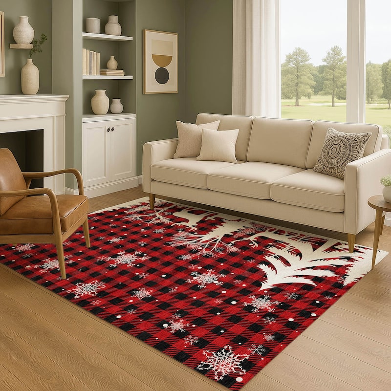 Premium Washable Super Soft Winter Reindeer Tree Mayfield Rug - Red - 3' x 5'