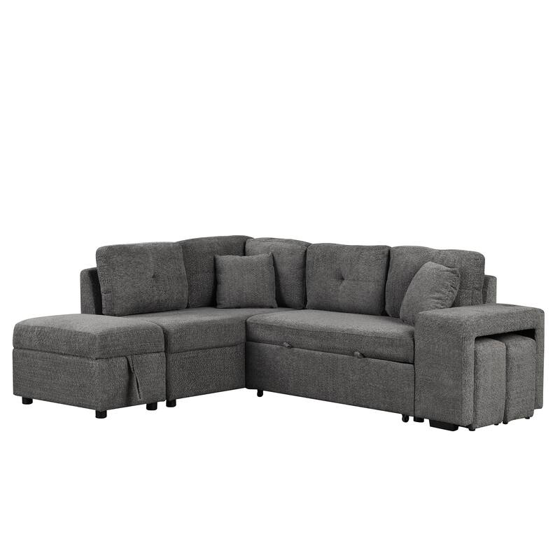 Modern Sofa Bed with Wireless Charging and Hidden Stools and Pull Out Bed and Storage Ottoman for Small Spaces and Guest Rooms