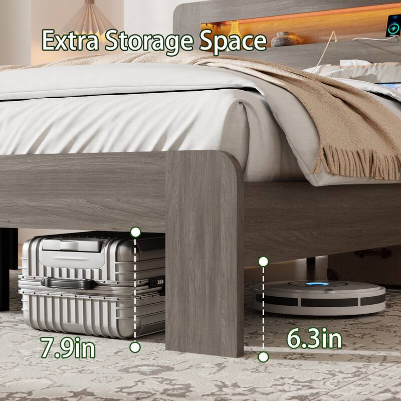 Bed Frame King Size, Wood Platform Bed Frame with Storage LED Light Headboard and 2 USB, Noise Free