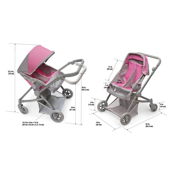 dimension image slide 0 of 2, Badger Basket Voyage Twin Carriage Doll Stroller - Gray/Pink
