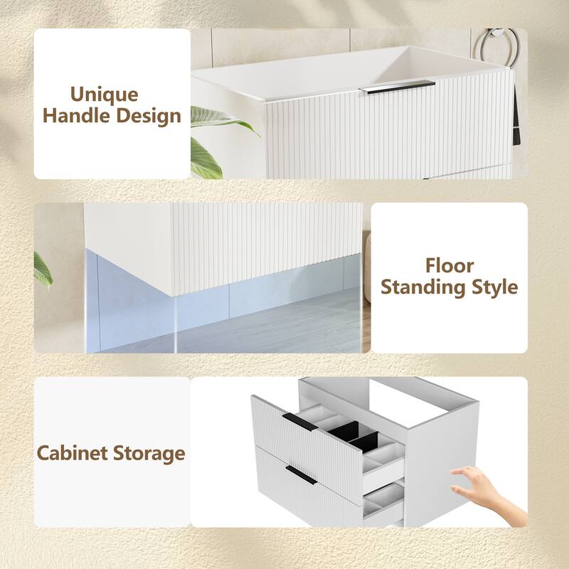 GDFStudio - Zen Modern Mid-Century Wall-Mounted Bathroom Vanity with 2 Soft Close Drawers & Large Storage Spaces, WITHOUT Sink