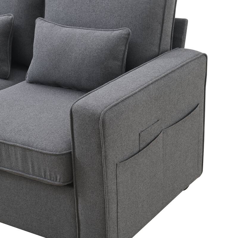 Linen Straight Row Sectional Sofa w4 Pillows, Console, Wired or Wirelessly Charged, Side Pockets, 2 Cupholders and 2 USB Ports