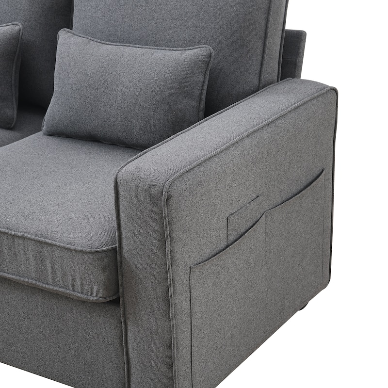 Modern 4-Seat Sofa with Console, Wireless Charging, 2 Cupholders, and 4 Pillows, Upholstered in Linen Fabric