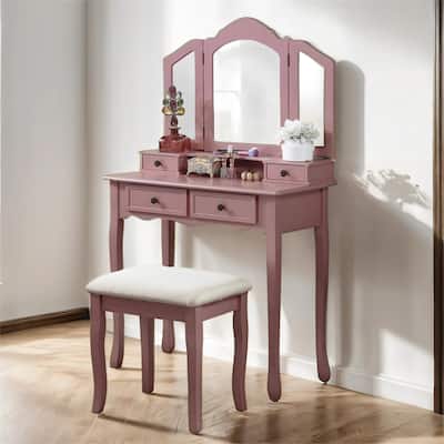 Wooden Vanity Make Up Table & Stool Set Includes Vanity, Mirror, Bench