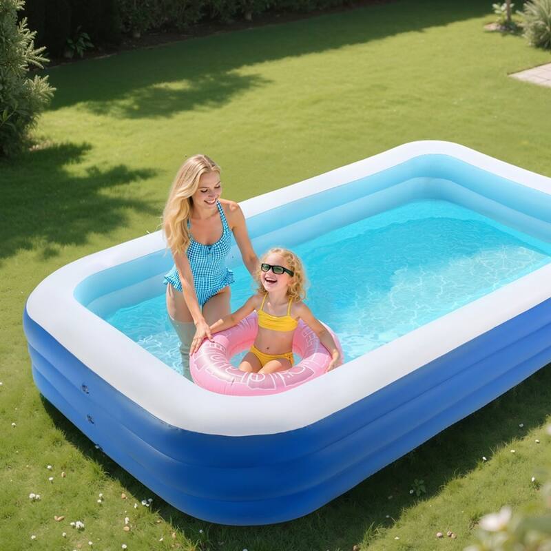 Blue PVC 3-Layer Rectangular Inflatable Pool with Drain and Patches - 118.11 x 67.01 x 20 inch
