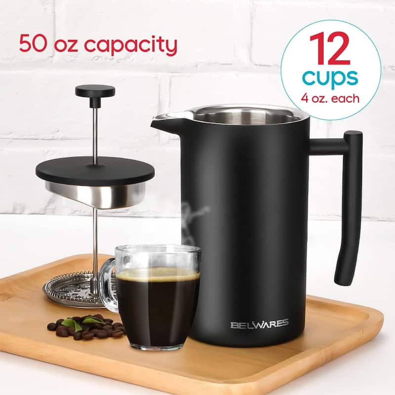 French Press Coffee Maker – Insulated Coffee Press Stainless Steel 304 – Coffee Spoon, Double Wall, & 4 Level Filtration System