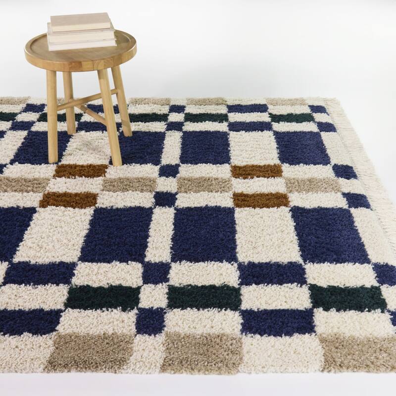 Barnabe Checkered Colorblock Area Rug - Navy/Orange - 5'3" x 7'
