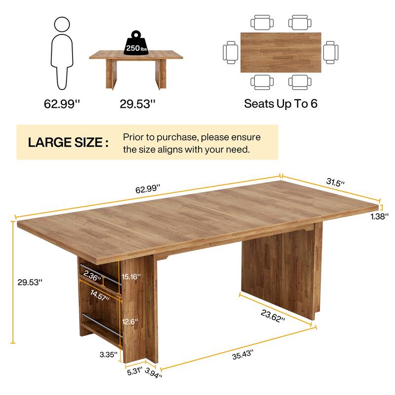 63" Farmhouse Dining Table for 6, Rectangular Wood Kitchen Table with Storage