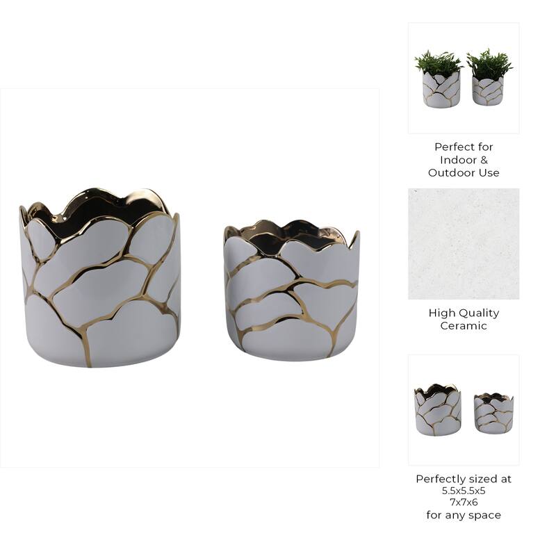 Ceramic Planters Wavy Rim Embossed Metallic Detailing (Set of 2)