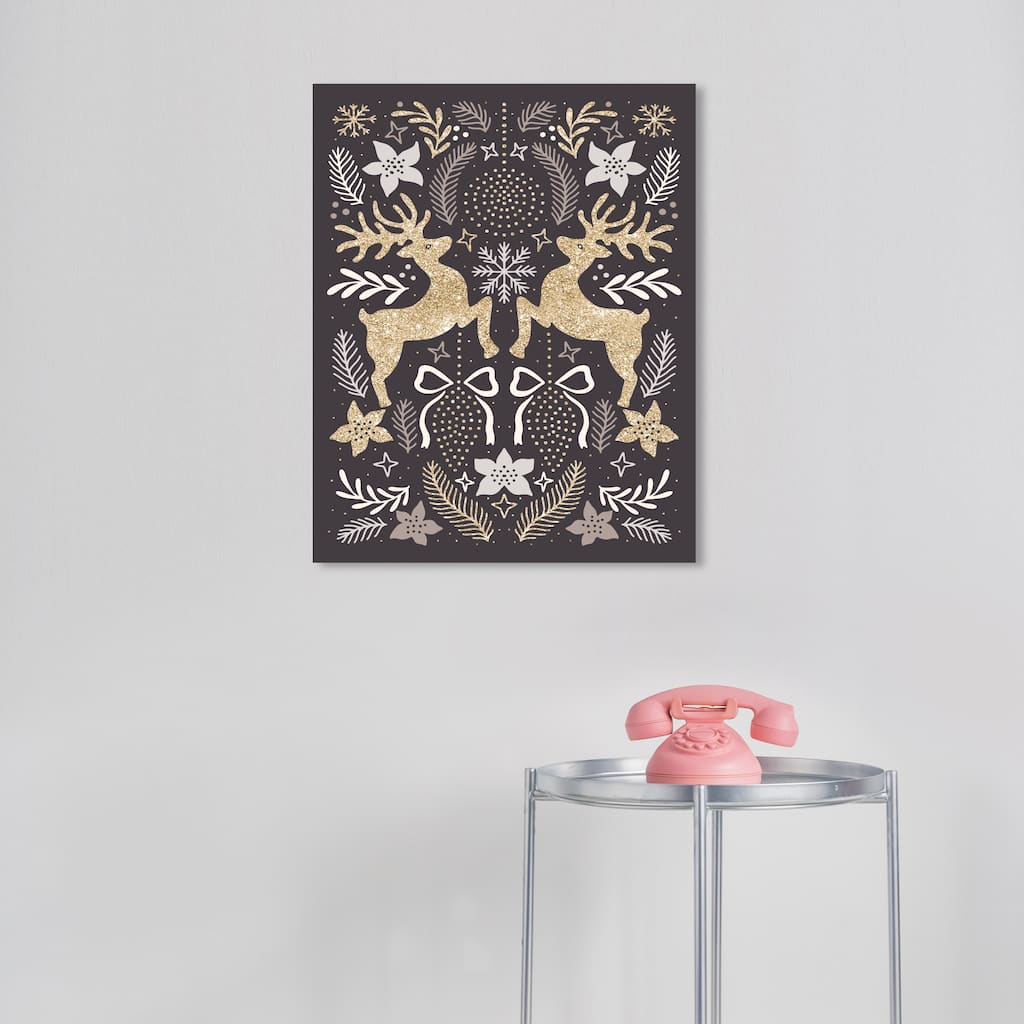 Wynwood Studio Canvas Holiday and Seasonal Folk Reindeers in Glitter Gold Glam Wall Art Canvas Print