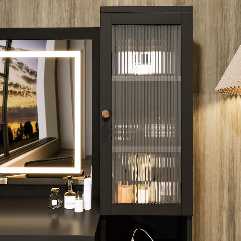 43.5" Makeup Vanity Desk with Lights, Mirror & Charging Station, 5 Drawers & Glass Cabinet with Stool