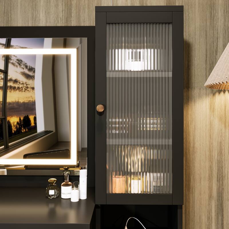 Fluted Makeup Vanity Desk with Charging Station, Bedroom Dressing Table Set with Storage Stool, Large Mirror and Lights