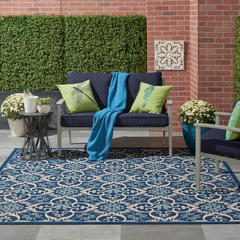 Nourison Caribbean Floral Geometric Indoor/Outdoor Area Rug - 7'10" Square - Navy