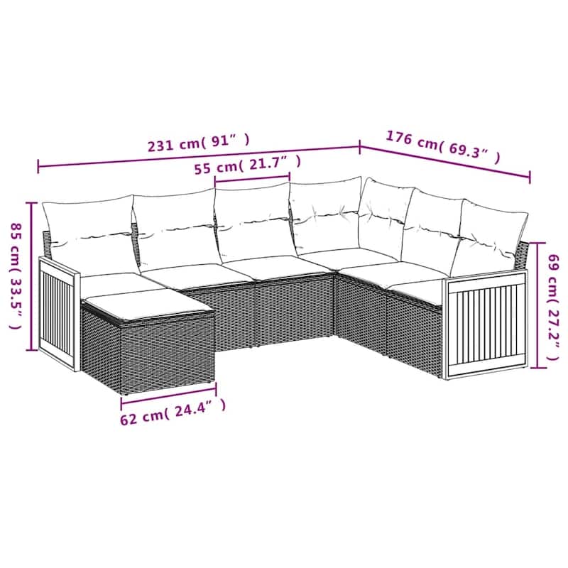 vidaXL Patio Sofa Set with Cushions Outdoor Conversation Furniture Poly Rattan - 21.7 x 21.7 x 14.6 in