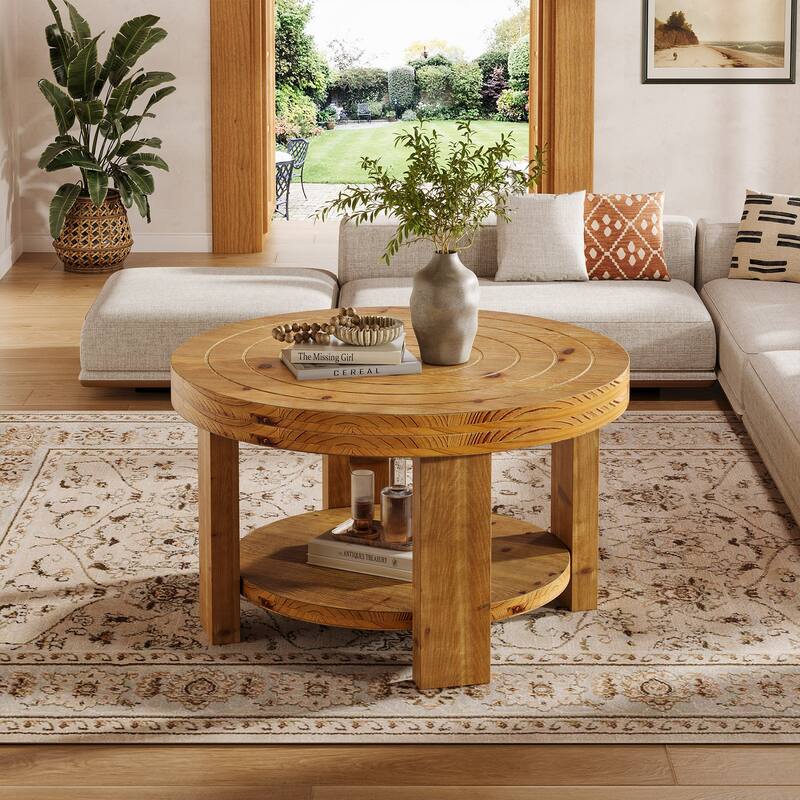 2-Tier Round Coffee Table, 31.5" Farmhouse Solid Wood Coffee Table