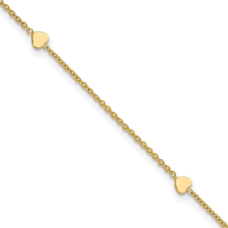 Curata 14k Yellow Gold 10+1" Flat Polished Heart Station Cable Chain Anklet (Spring-ring)