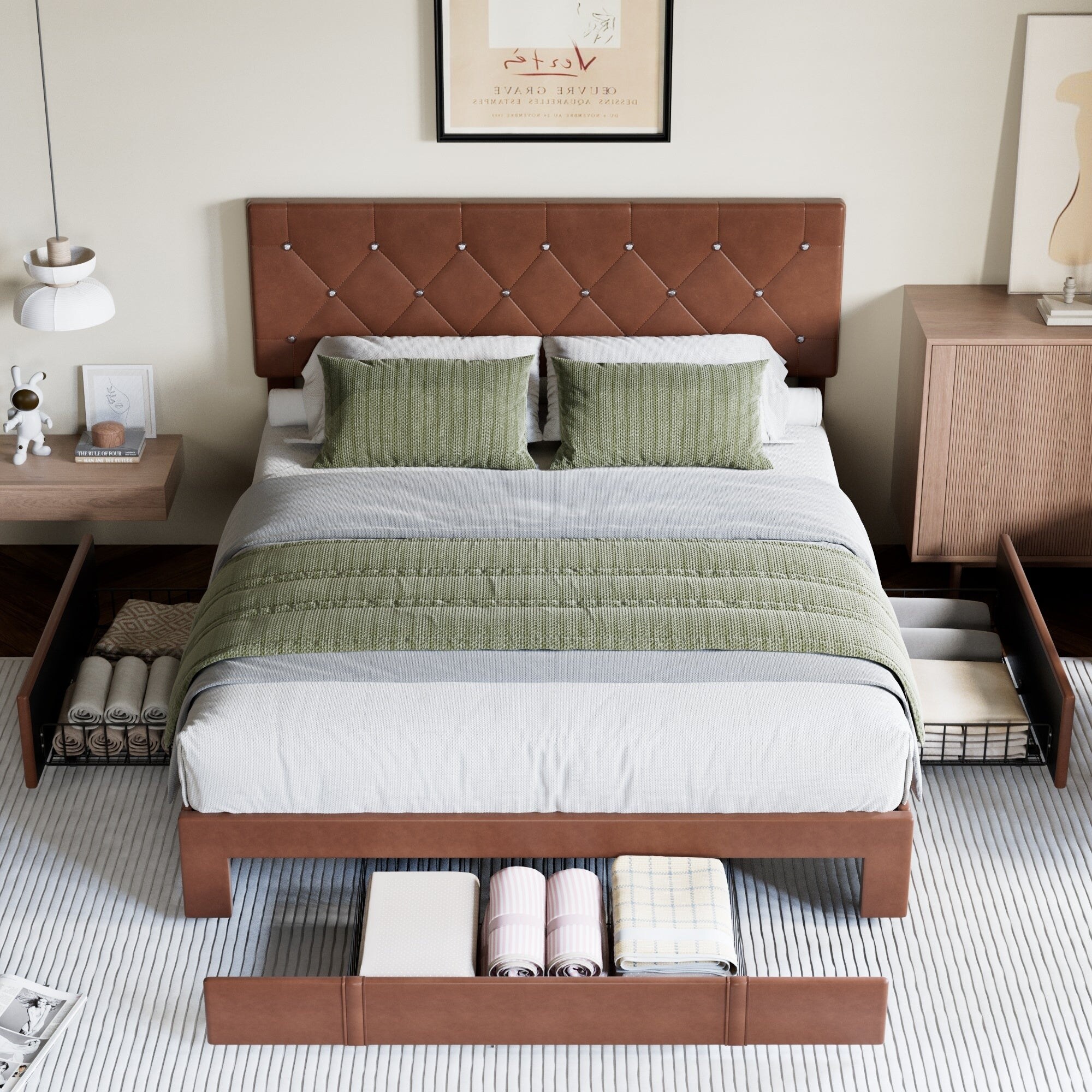 VECELO Bed Frame with Storage Drawers Leather Upholstered with Diamond Tufted Headboard Solid Wood Slat Support