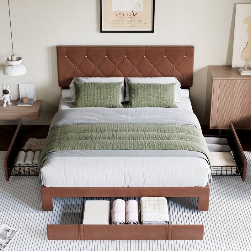 VECELO Bed Frame with Storage Drawers Leather Upholstered with Diamond Tufted Headboard Solid Wood Slat Support - Brown - Queen