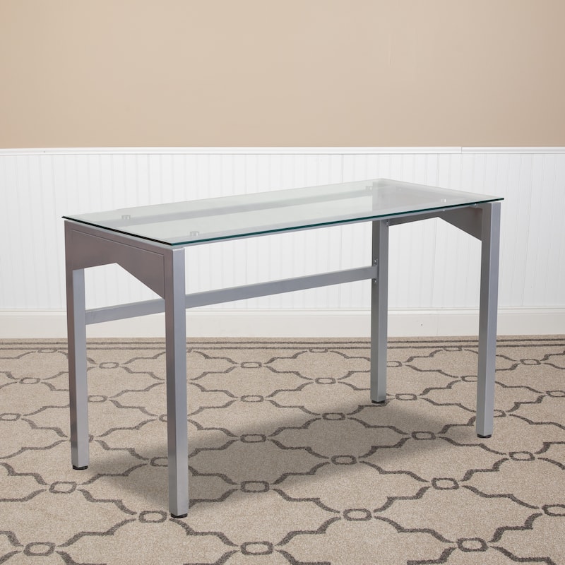 Contemporary Clear Tempered Glass Desk with Geometric Sides and Silver Frame - Clear