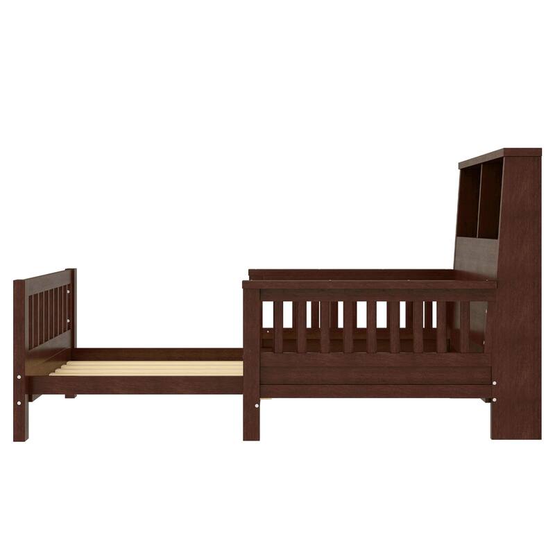 Espresso Twin Platform Bed with Pull-Out Storage Headboard & Safety Rails!