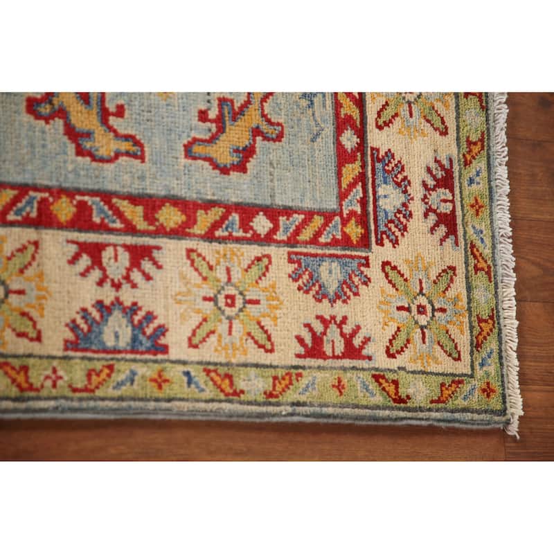 Light Blue Geometric Kazak Accent Rug Handmade Wool Carpet - 3'6"x 4'9"
