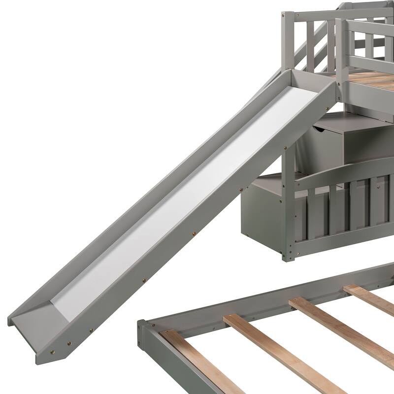 Twin over Twin Bunk Bed with Drawers, Slide, and Stairs, Gray