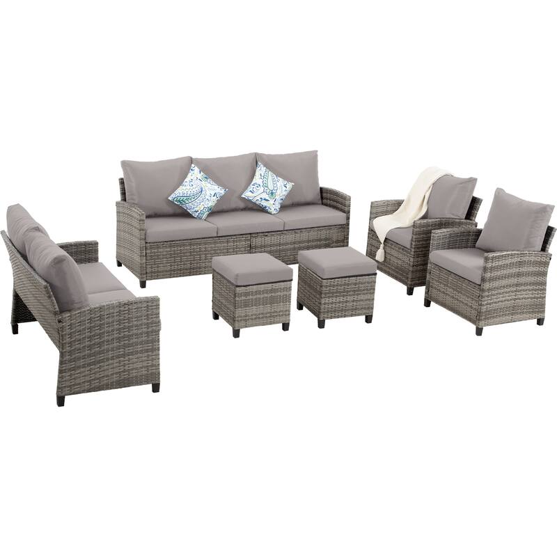 6 PCS Patio Furniture Set, Outdoor Wicker Conversation Sectional Sofa Couch Furniture Sets with Ottomans