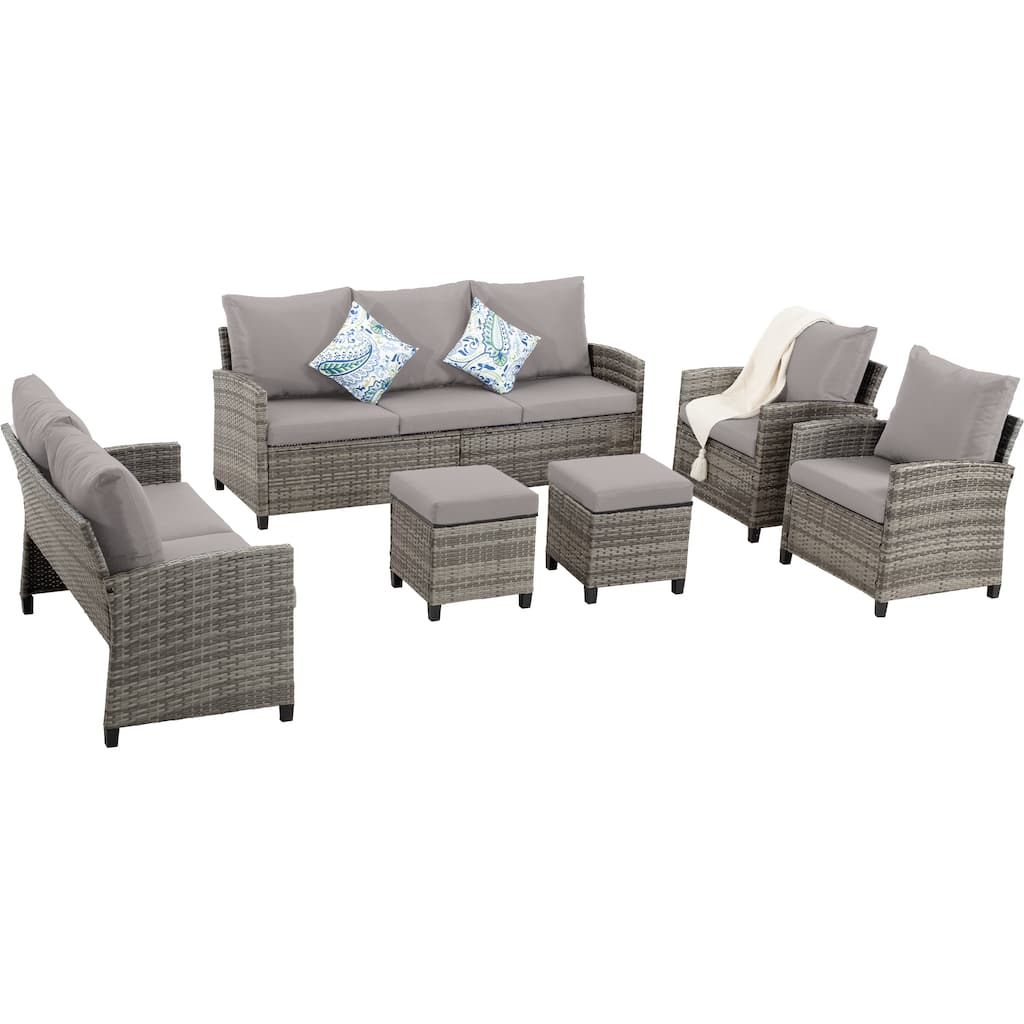 6 PCS Patio Furniture Set,Outdoor Wicker Conversation Sectional Sofa Couch Furniture Sets with Ottomans