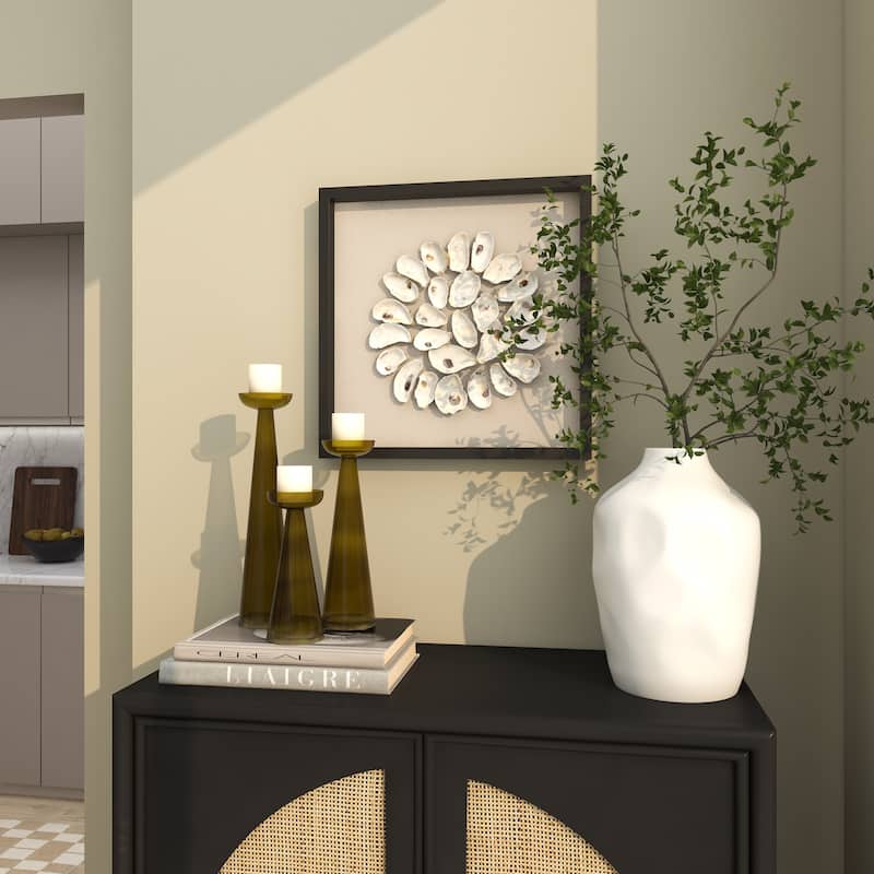 Shell Handmade Abstract Circular Wall Decor with Beige Linen Backing and Black Frame - Cream - Roche River Decor