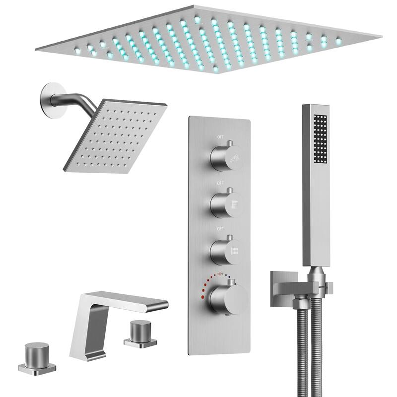 GRANDJOY LED 12" Rainfall Shower System Dual Shower Heads with 2-Handle Bathroom Sink Faucets Combo Set - Brushed Nickel