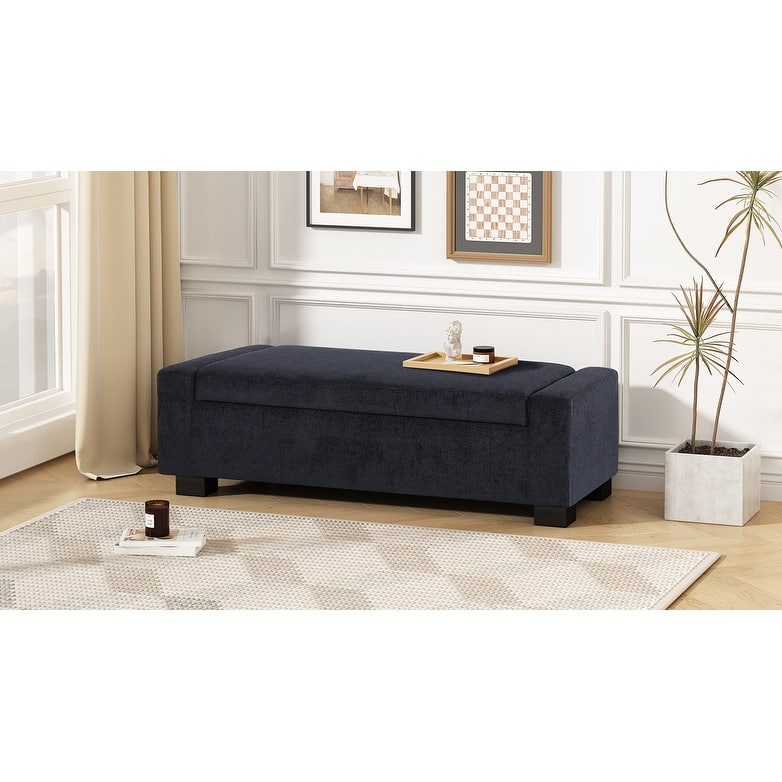 50" Ottoman Bench in Textured Fabric, Rectangular Design with Hinged Lid for Seating, Footrest, and Hidden Storage