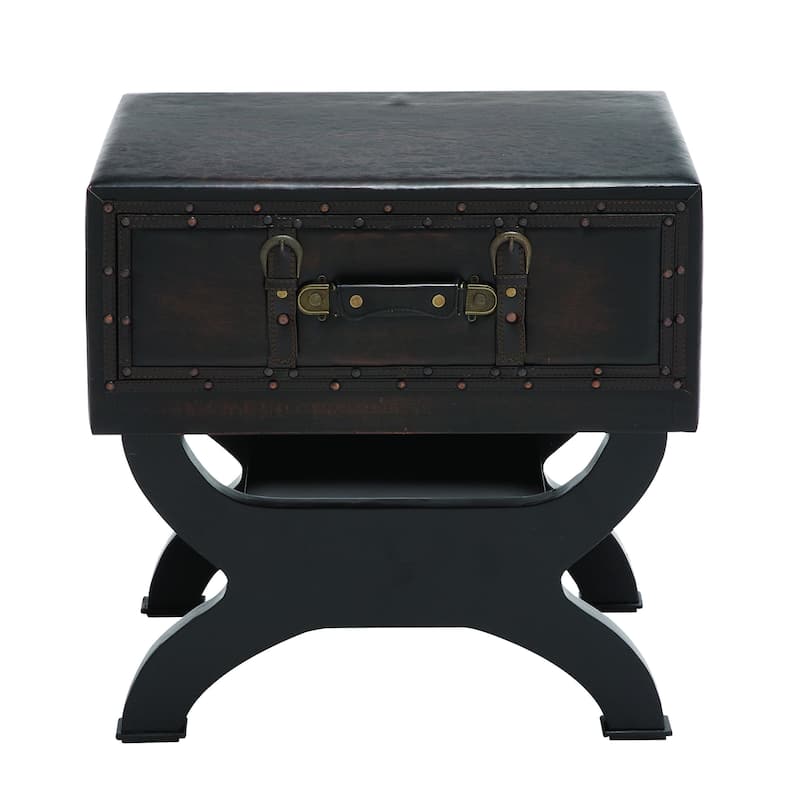 Brown Faux Leather Vintage Style Single Drawer Accent Table with Curved Legs