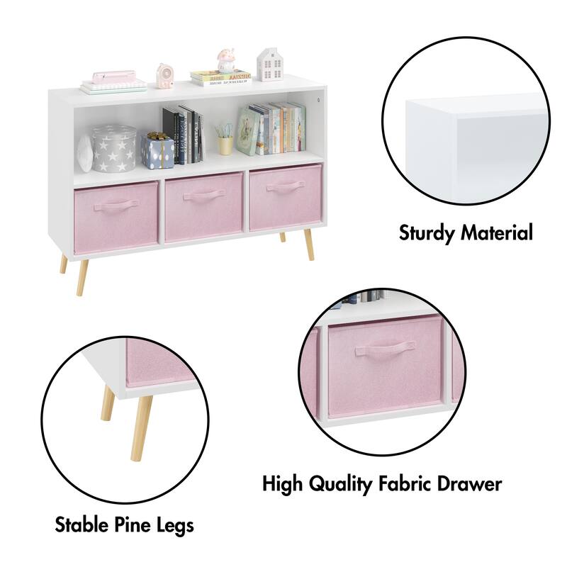 2-Shelf Kids Bookcase with Removable Collapsible Fabric Drawers, Wood Storage Display Organizer for Bedroom, Living Room
