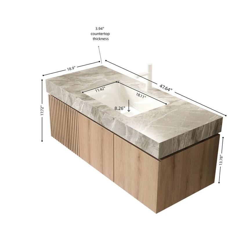 30"/36"/48" Wall-Mounted Bathroom Vanity with Ceramic Sink, Sintered Stone Countertop Floating Bathroom Storage Cabinet