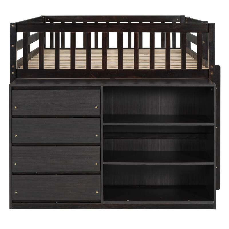 Full Size Bunk Bed with Drawers, Shelves & Reversible Ladder, Durable Solid Wood Structure
