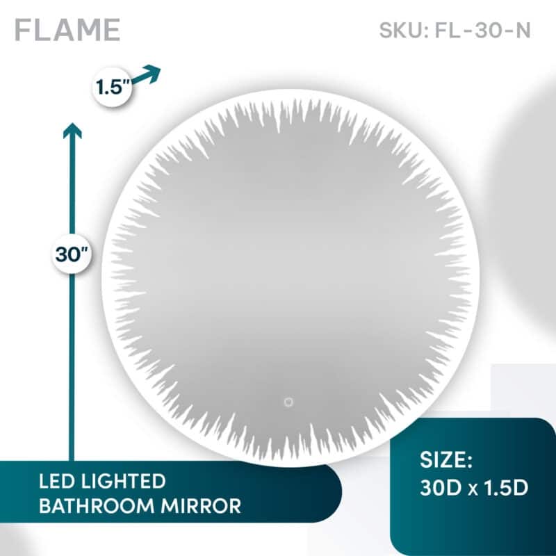 AQUADOM Flame LED Lighted Round Mirror With Dimmer, Defogger, Touch Control - 30"