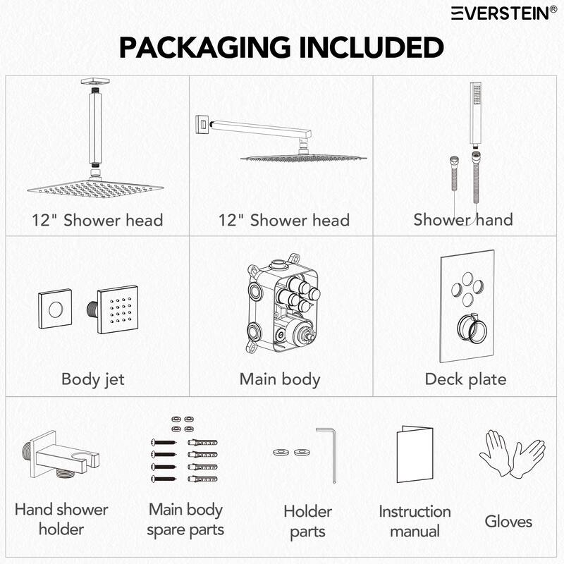 Thermostatic Dual Shower Head System ,12" High-Pressure Rainfall Shower Faucet with 4-Function Sprays