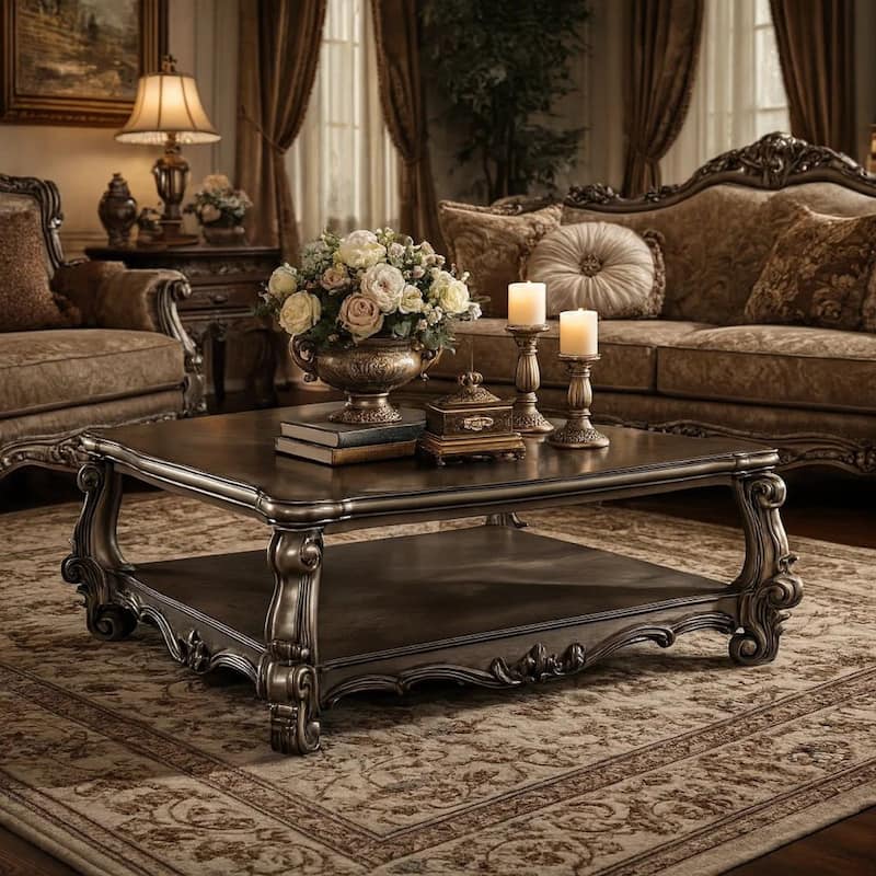 Wooden Coffee Table with Vintage Style Oversized Legs and One Open Shelf, Silver