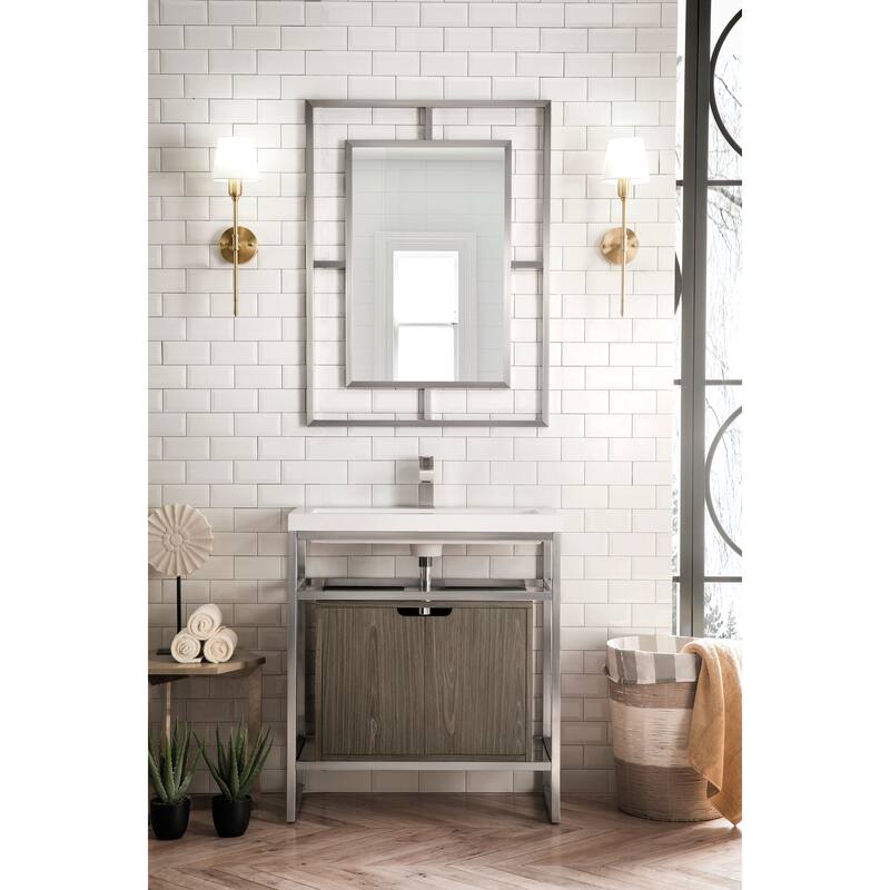 James Martin Vanities Boston 31.5" Stainless Steel Sink Console, Brushed Nickel w/ White Glossy Composite Stone Top