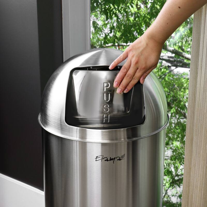 Elama 50 Liter Large 13 Gallon Push Lid Stainless Steel Cylindrical Home and Kitchen Trash Bin in Matte Silver
