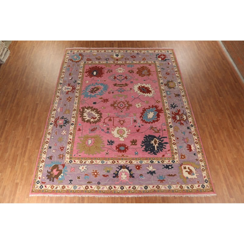 Pink Floral Oushak Oriental Large Area Rug Hand-Knotted Wool Carpet - 11'9" x 14'8"