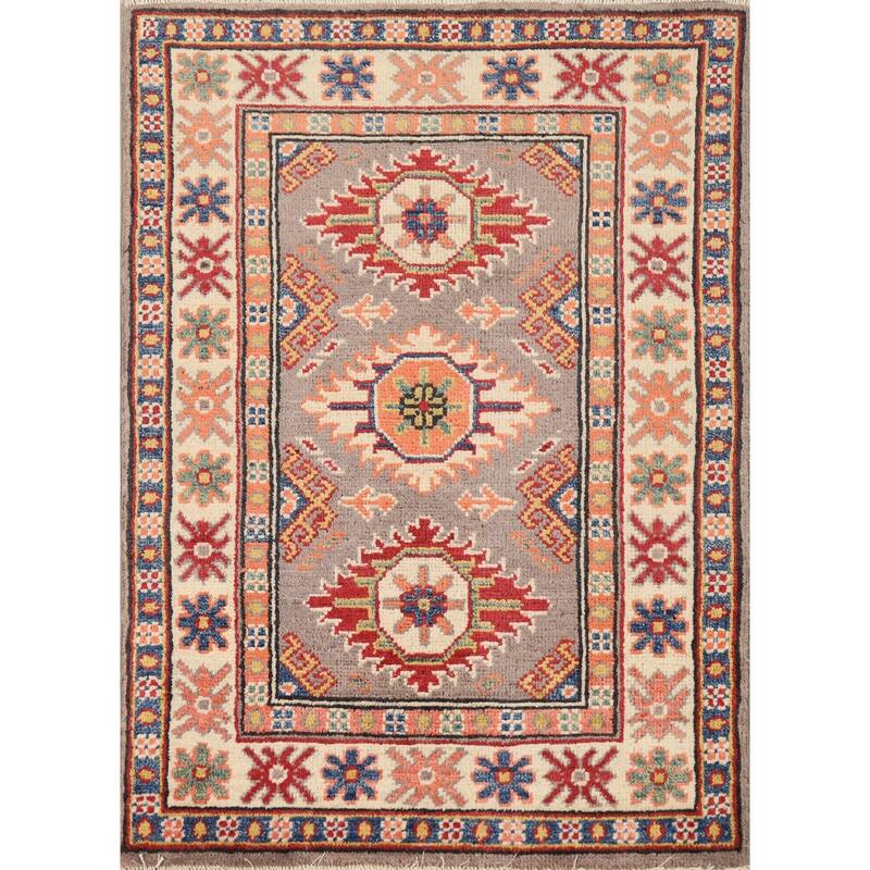 Geometric Kazak Oriental Rug Handmade Grey Wool Carpet - 2'0"x 3'0"