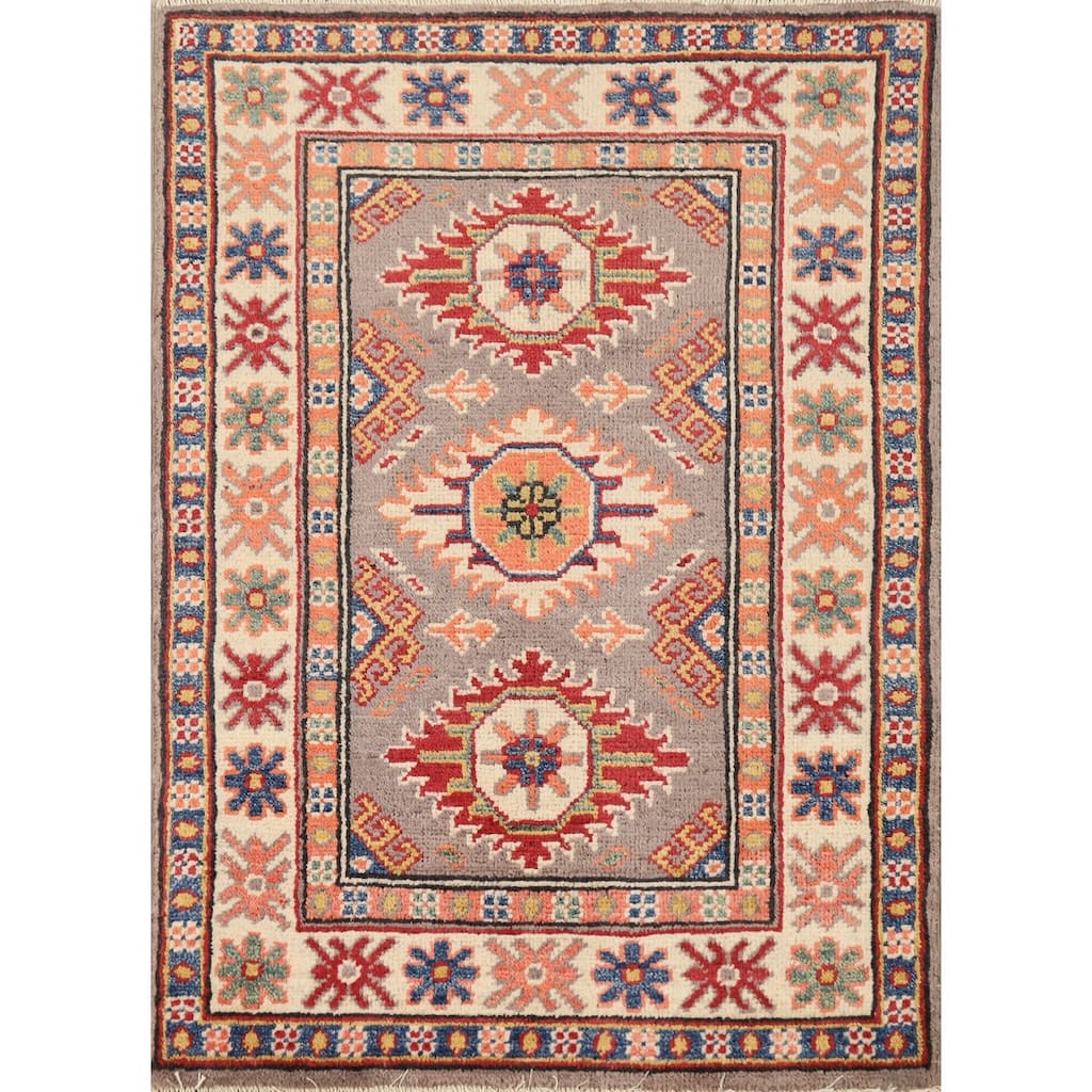 Geometric Kazak Oriental Rug Handmade Grey Wool Carpet - 2'0"x 3'0"