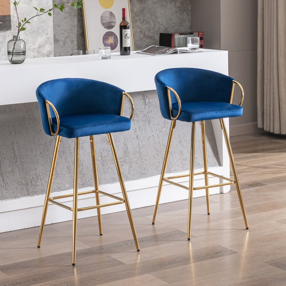 Simple Bar Stools Set of 2 Velvet Accent Chairs with Golden Legs