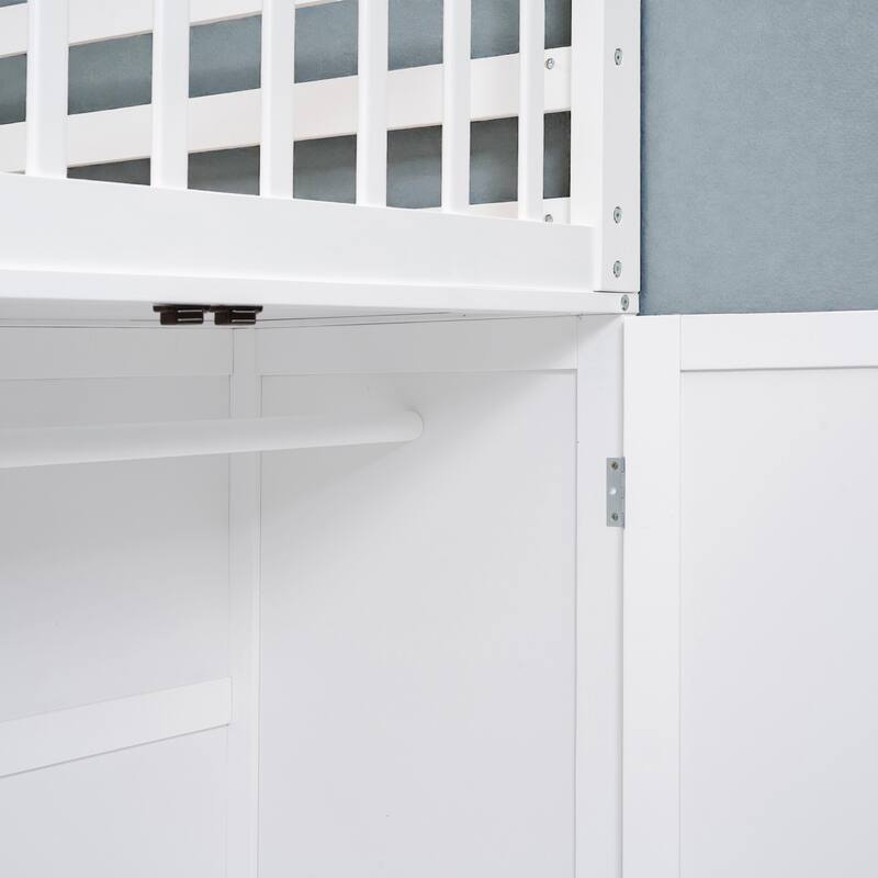 Twin Twin Over Full L-Shaped Bunk Bed with Drawers, Wardrobe and Retractable Desk, Pine Wood Frame